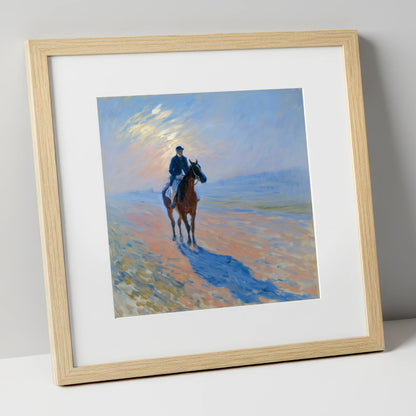 Luminous Morning Gallops racing horse art print in natural frame