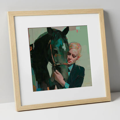 Quiet Connection horse & rider art print in natural frame