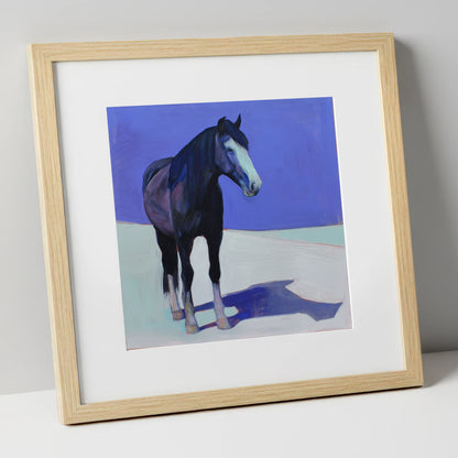 The Indigo Shadow horse portrait art print in natural frame