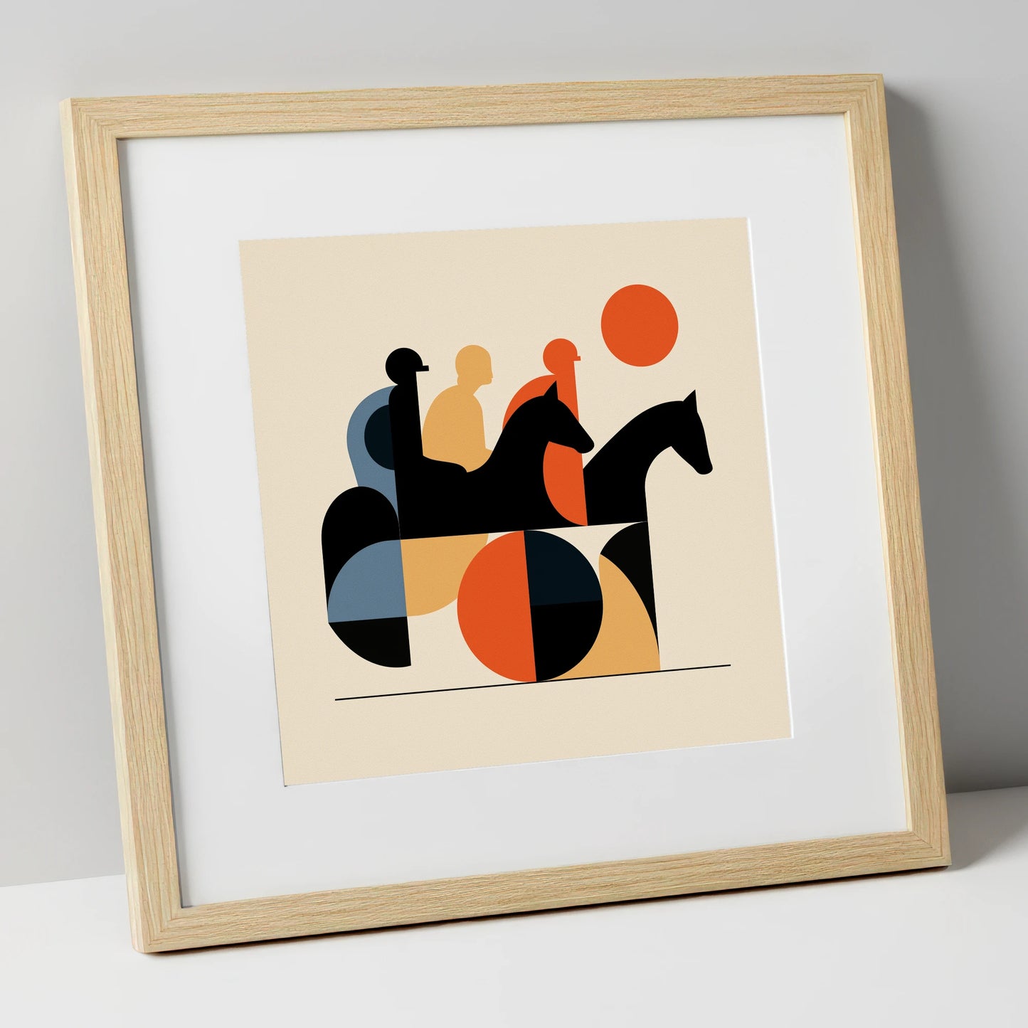 Retro Turf Pursuit racing horse art print in natural frame