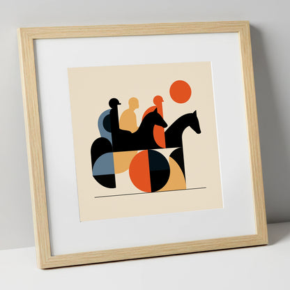 Retro Turf Pursuit racing horse art print in natural frame