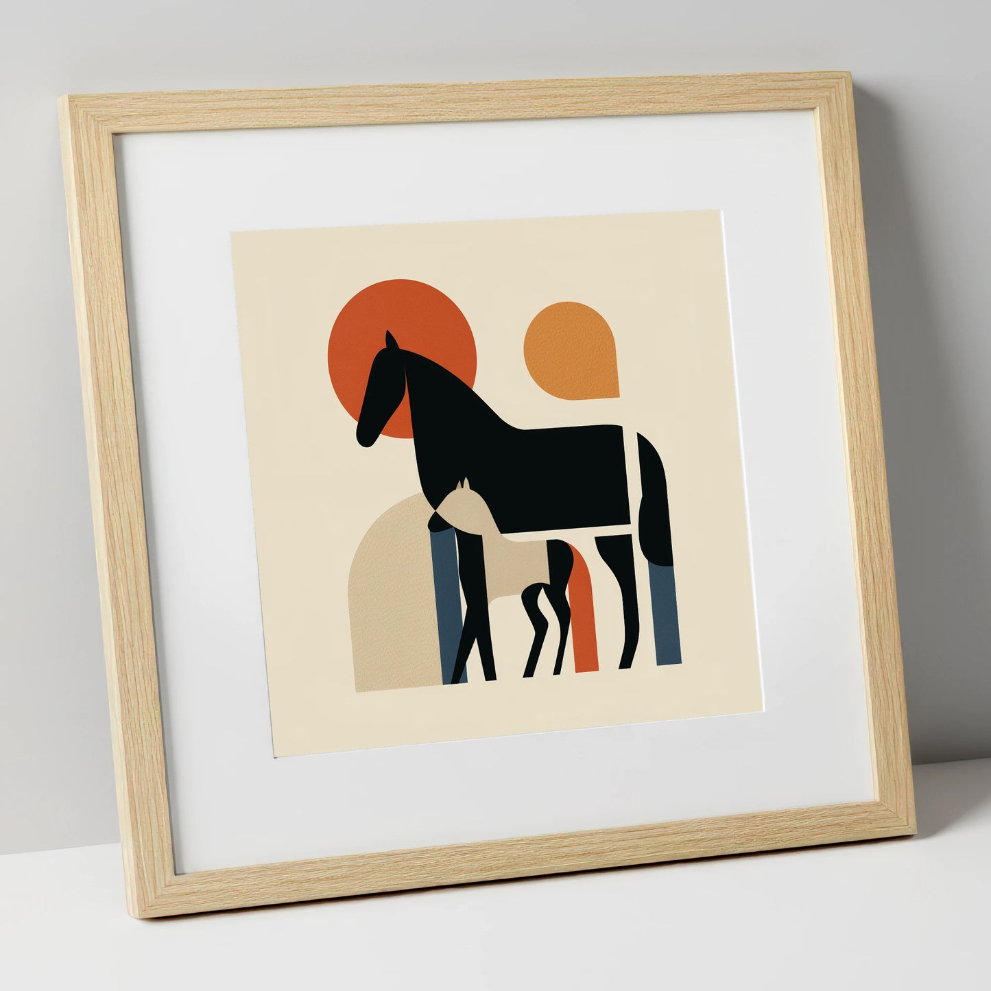 Modernist Matriarch mare & foal art print in natural frame
