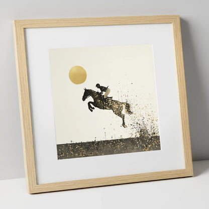 Golden Flight show jumping horse art print in natural frame