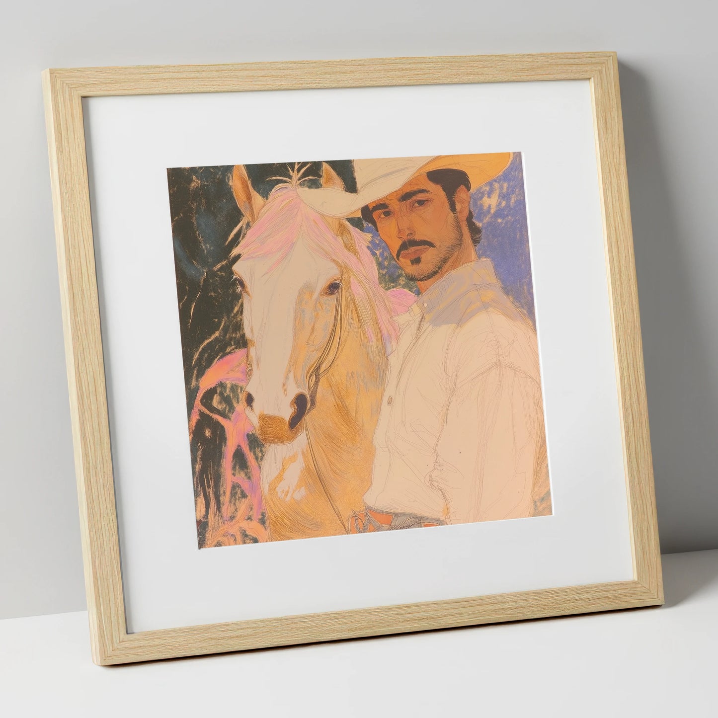 Painted Western Bond western horse art print in natural frame
