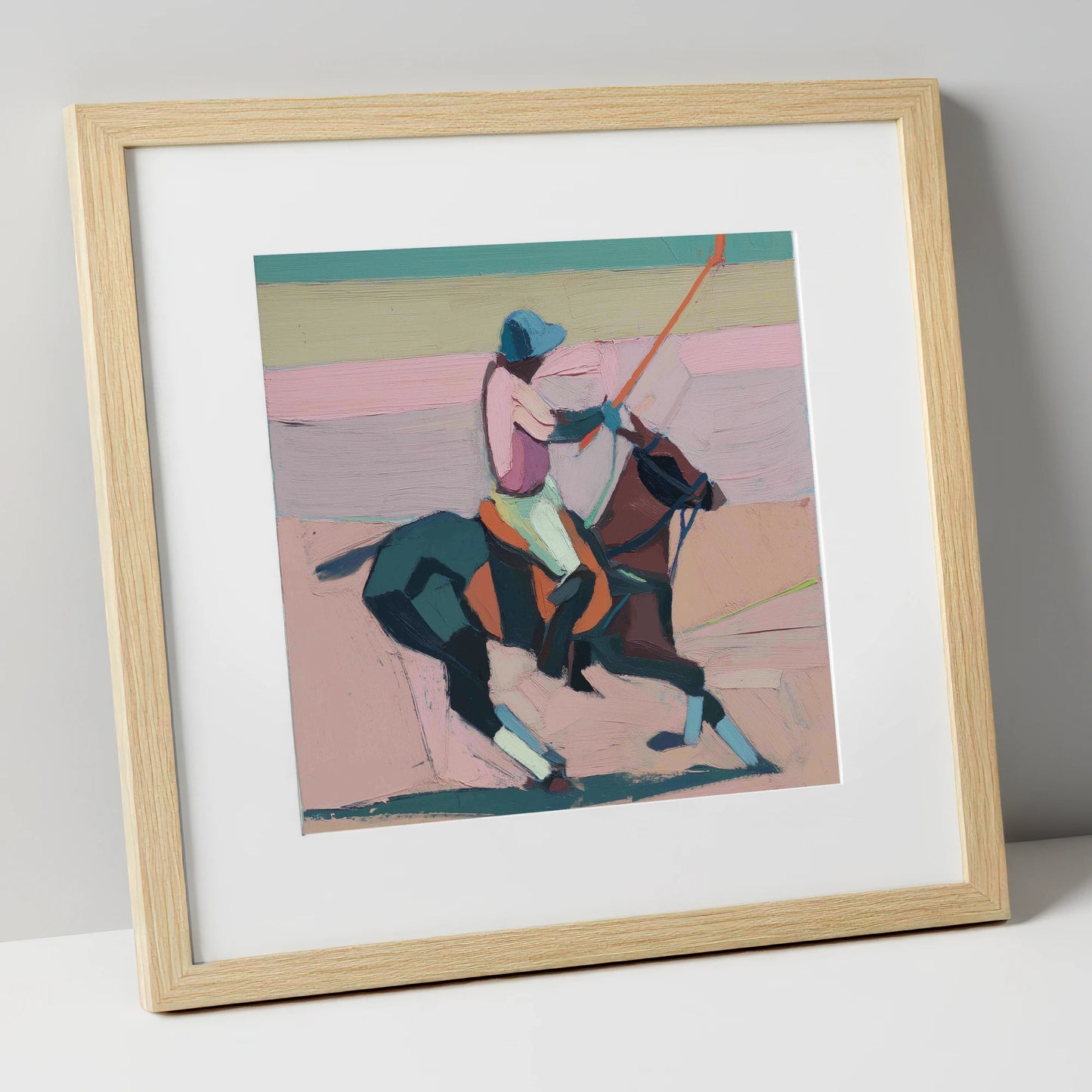 Dusty Rose Chukka polo horse art print in natural frame