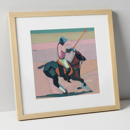 Dusty Rose Chukka polo horse art print in natural frame