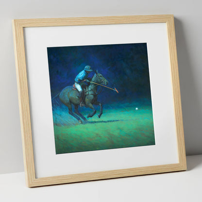 Midnight Chukka polo horse art print in natural frame