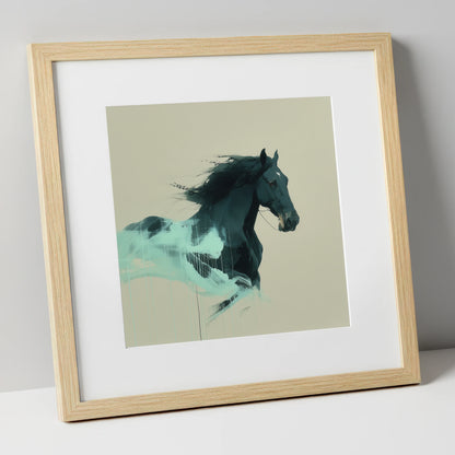 Midnight Teal Momentum horse breed art print in natural frame