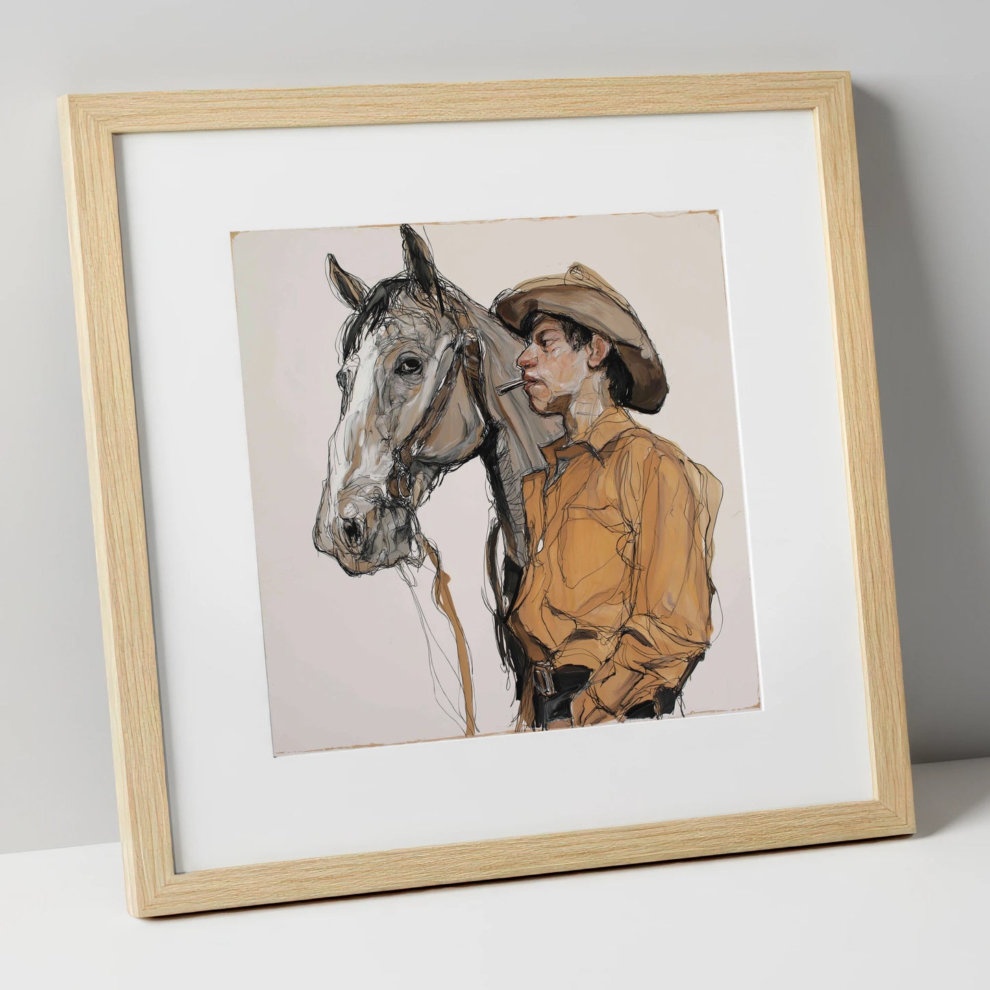 The Silent Bond western horse art print in natural frame