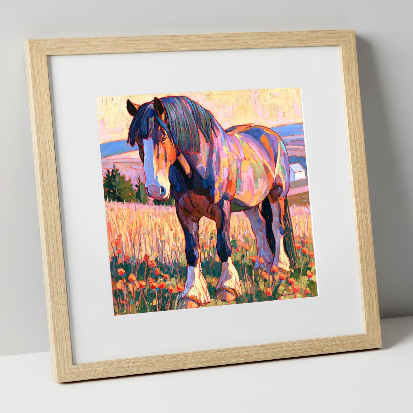 Colourful Heavy Horse in Meadow horse breed art print in natural frame