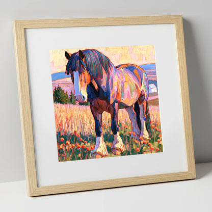 Colourful Heavy Horse in Meadow horse breed art print in natural frame