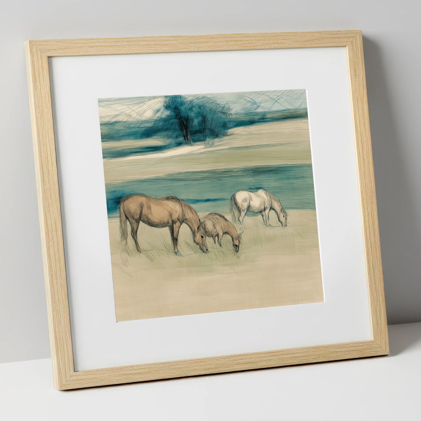 Tranquil Teal Pastures mare & foal art print in natural frame