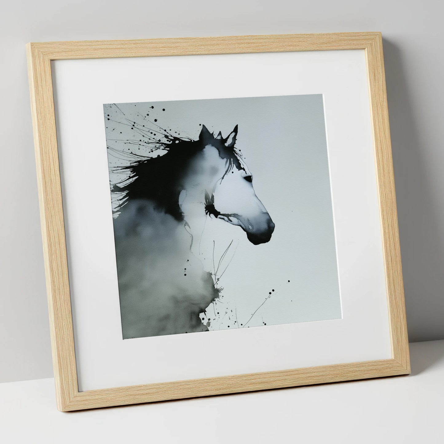 Midnight Wash Profile horse portrait art print in natural frame