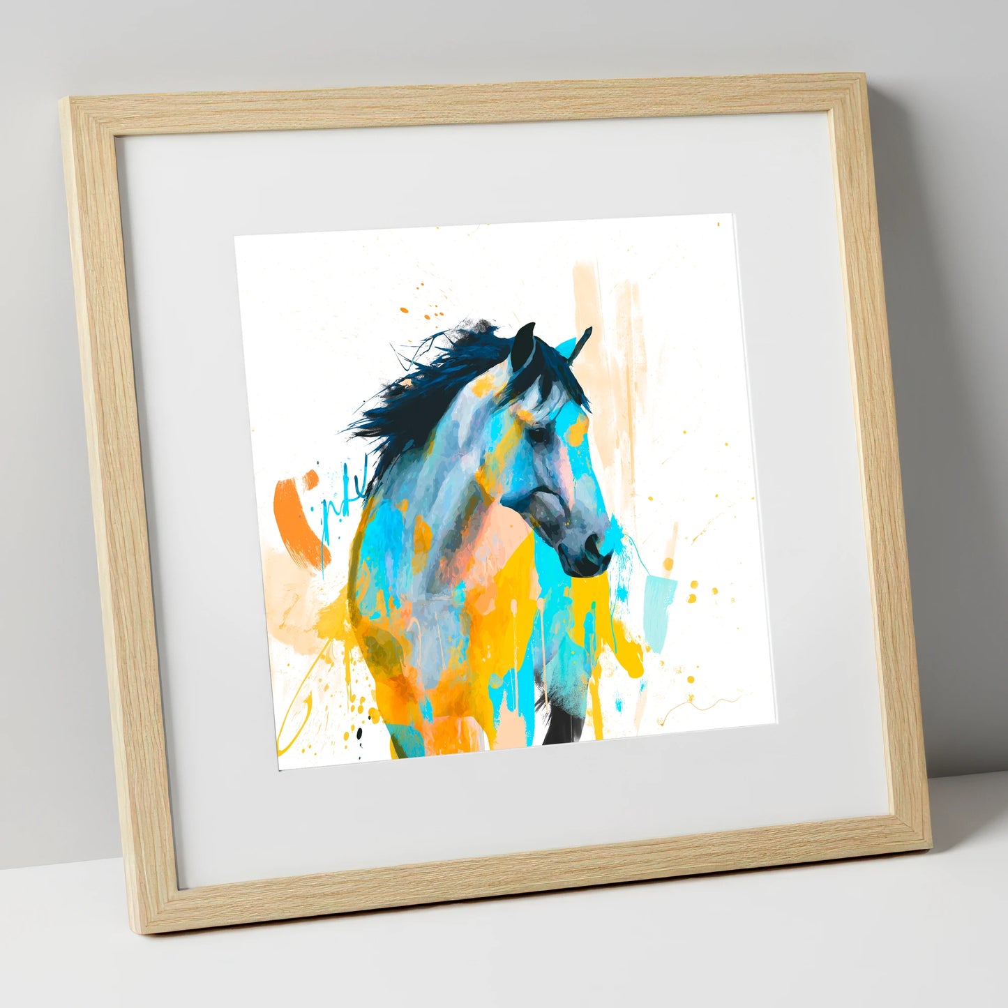 Teal and Amber Splendour horse portrait art print in natural frame
