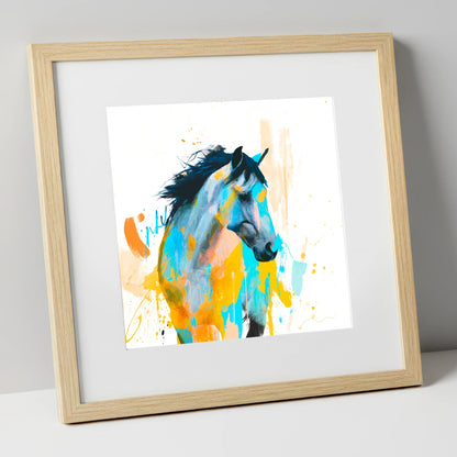 Teal and Amber Splendour horse portrait art print in natural frame
