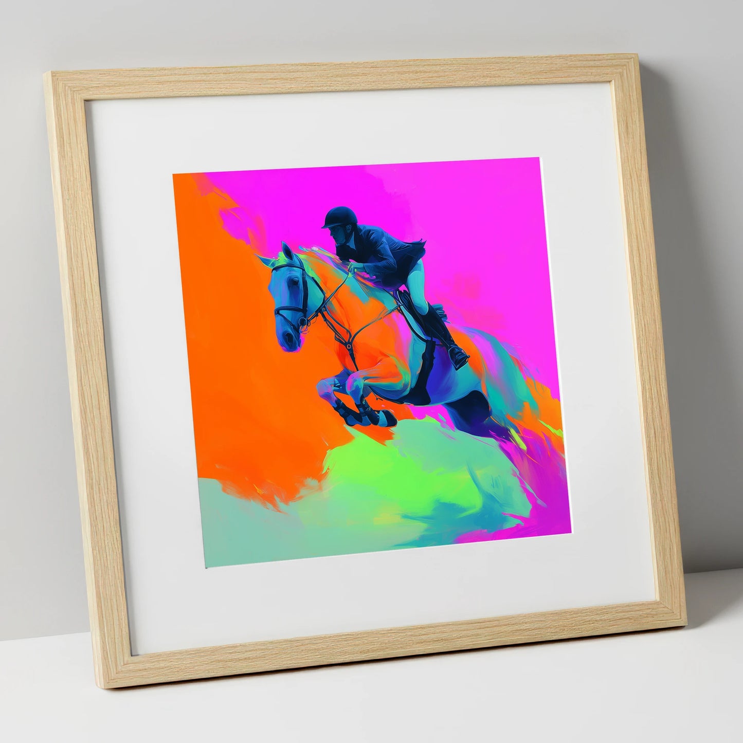 Technicolour Flight show jumping horse art print in natural frame