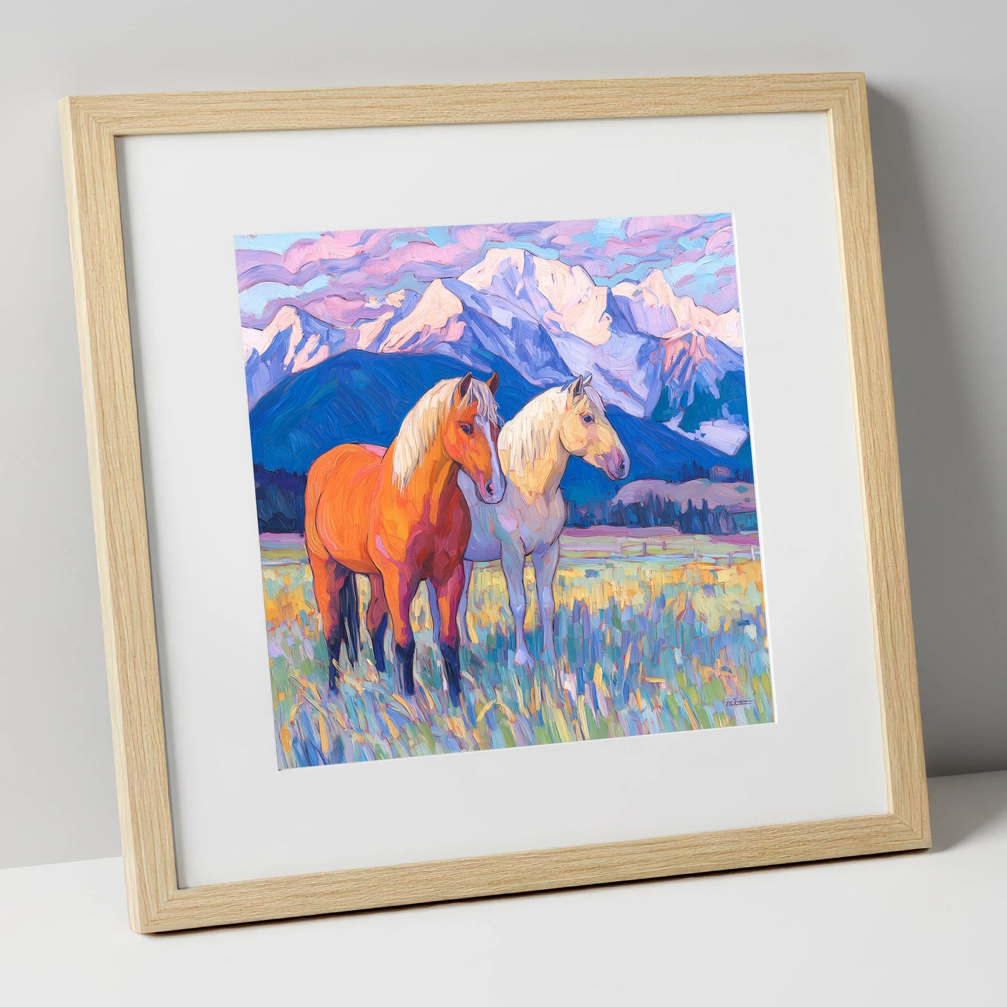 Painted Mountain Pasture horse landscape art print in natural frame