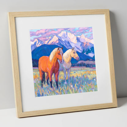 Painted Mountain Pasture horse landscape art print in natural frame