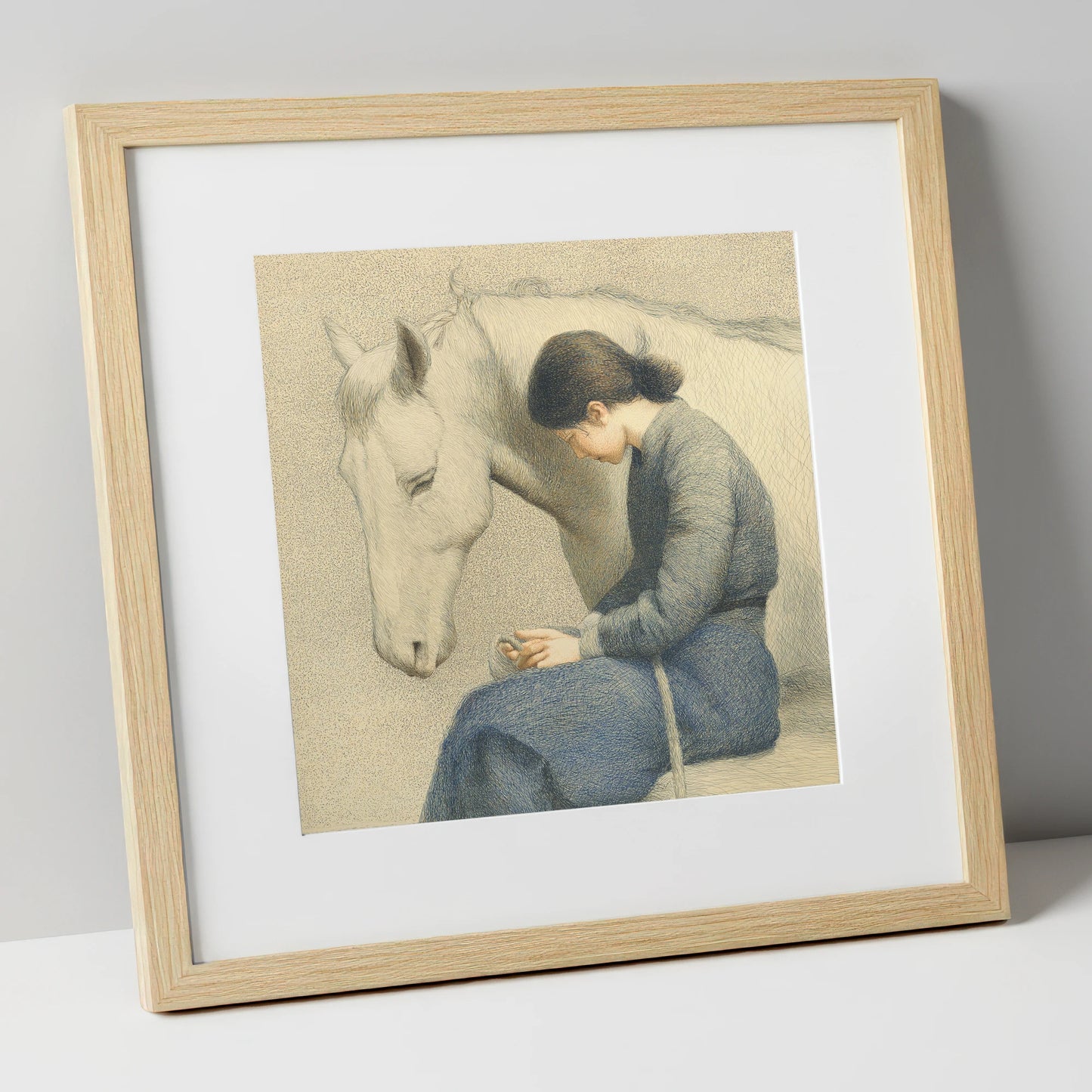 Solace in Stillness horse & rider art print in natural frame