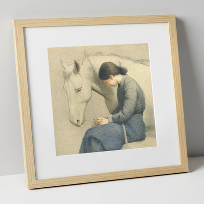 Solace in Stillness horse & rider art print in natural frame
