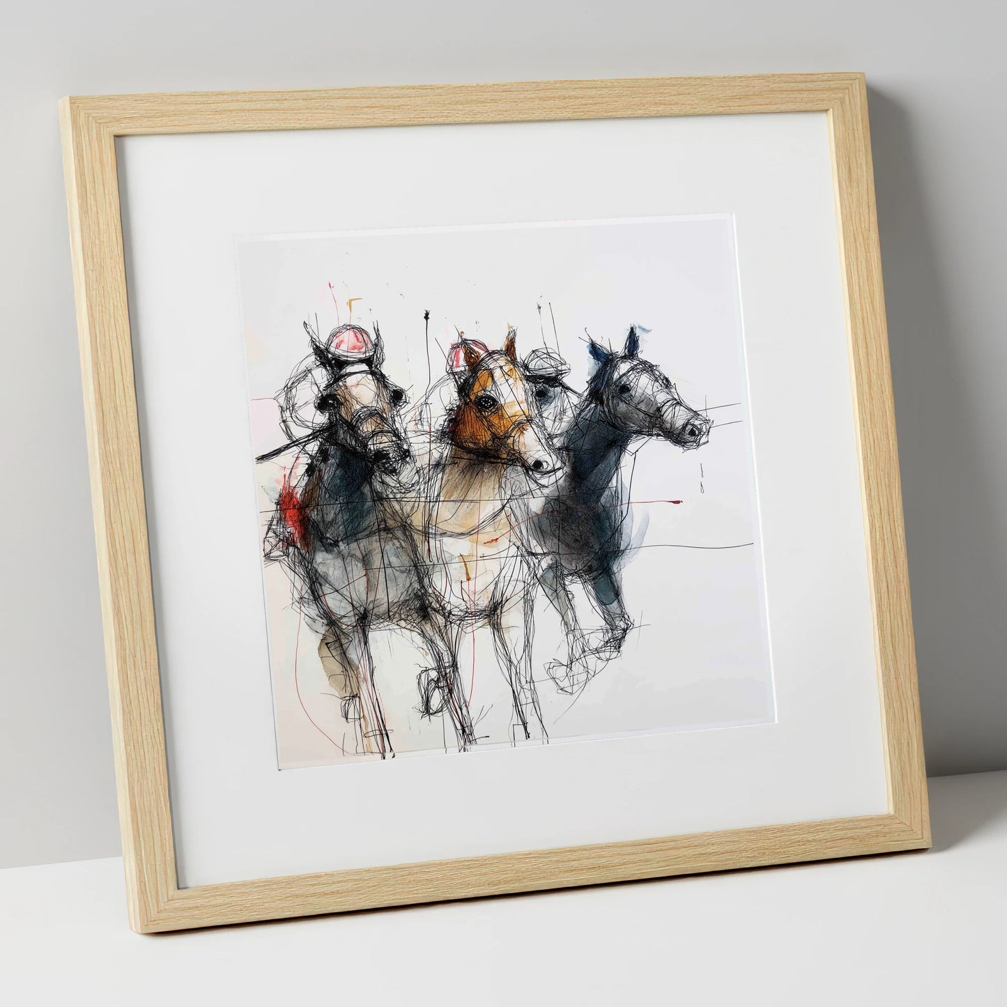 The Leading Pack racing horse art print in natural frame