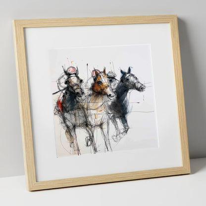 The Leading Pack racing horse art print in natural frame