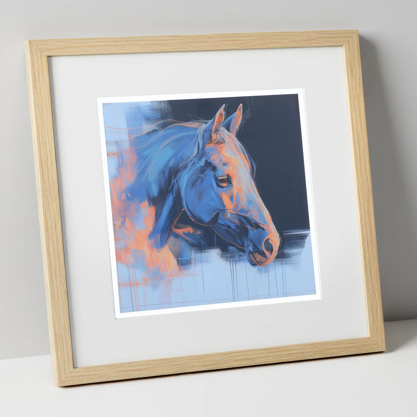Expressive Cobalt Profile horse portrait art print in natural frame