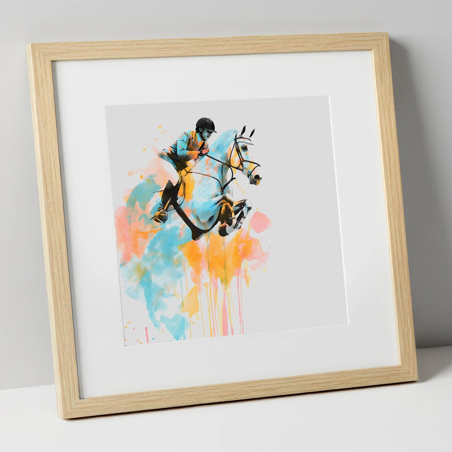 Suspended in Colour show jumping horse art print in natural frame