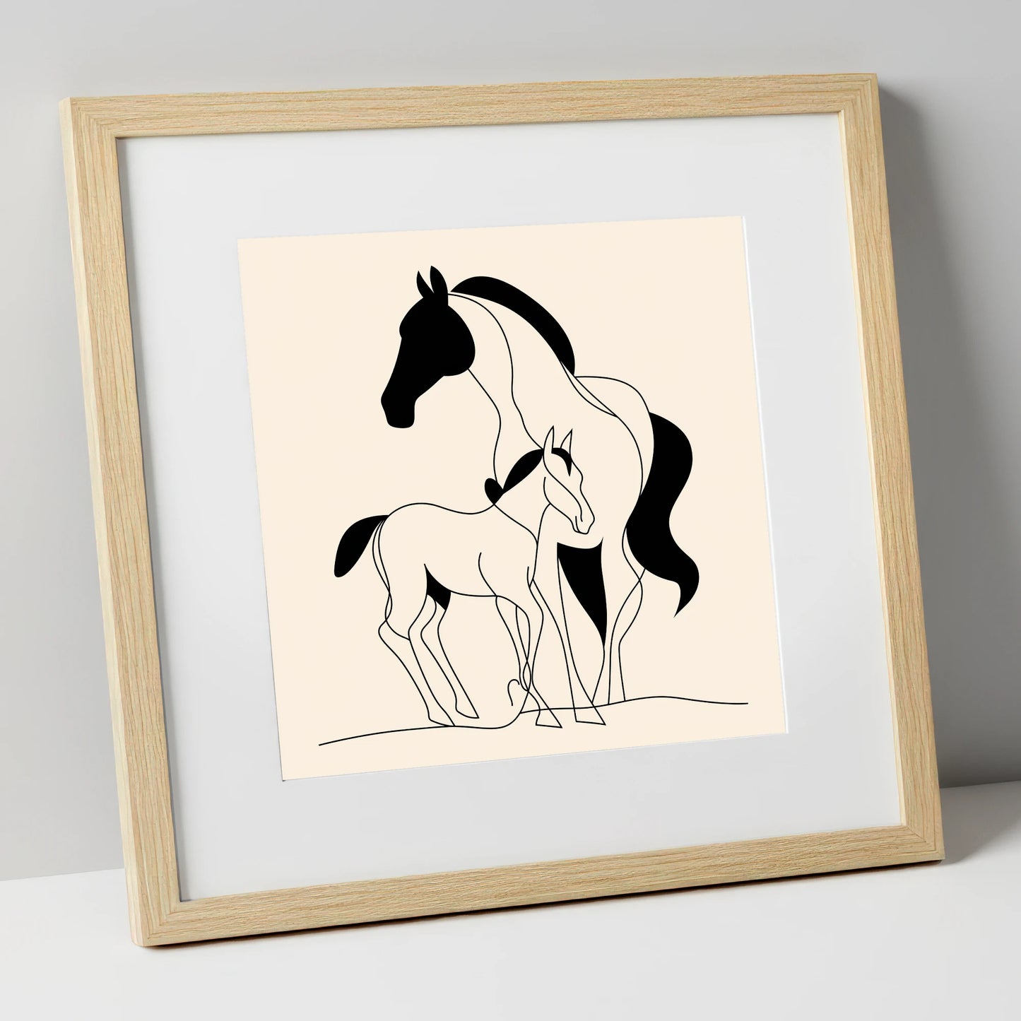 Tender Bond Line Art mare & foal art print in natural frame