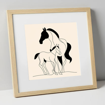 Tender Bond Line Art mare & foal art print in natural frame