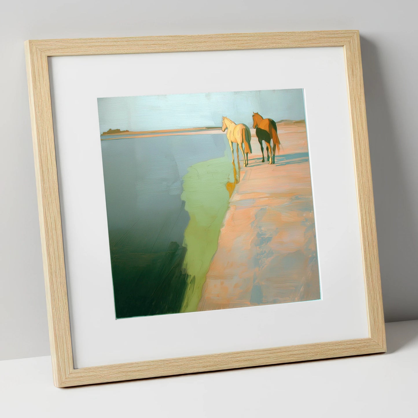 Shoreline Companions horse landscape art print in natural frame