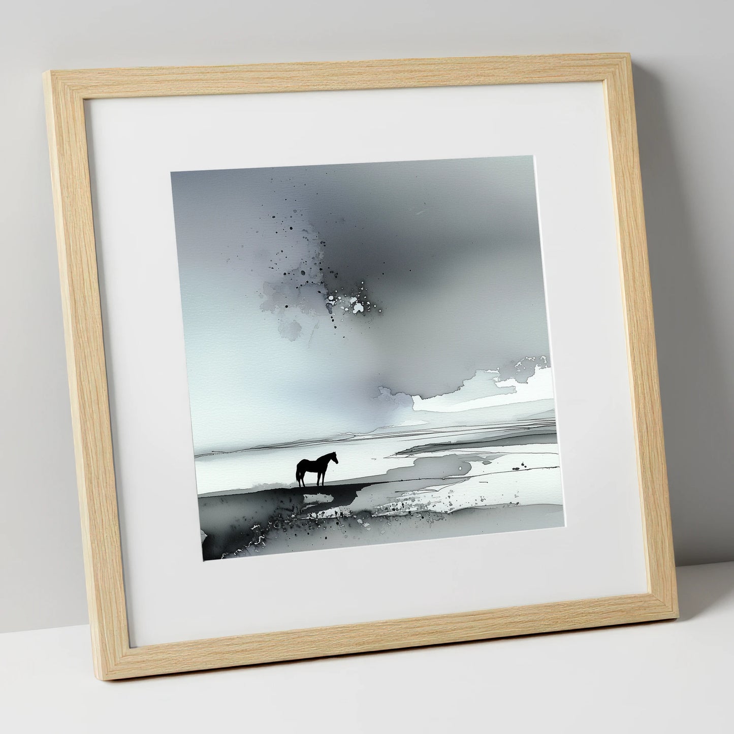 Solitary Horizon horse landscape art print in natural frame