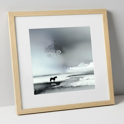 Solitary Horizon horse landscape art print in natural frame