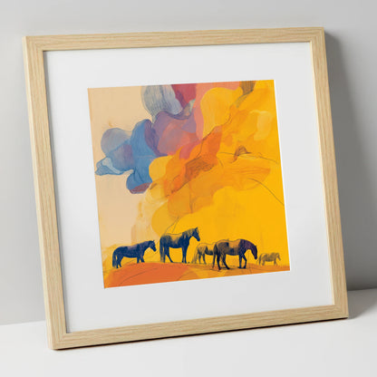 Golden Horizon Herd horse landscape art print in natural frame