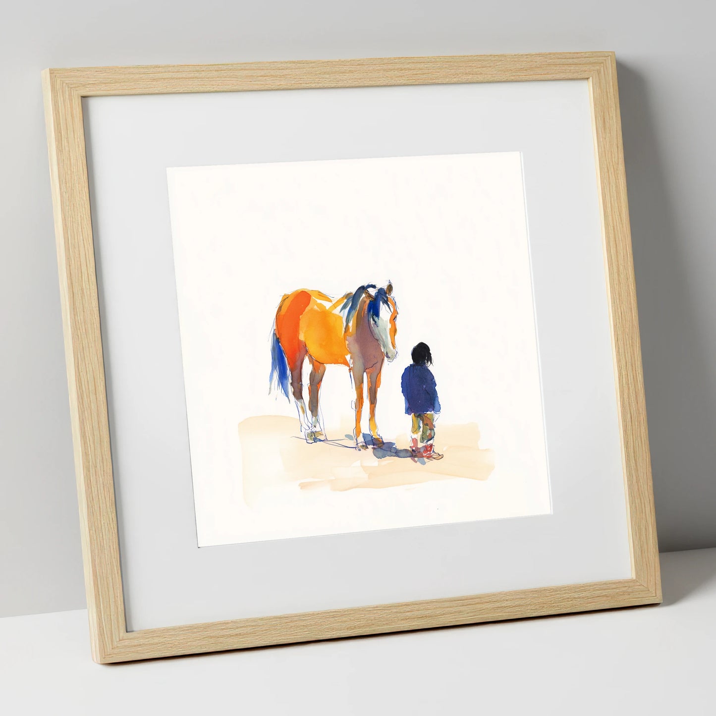 Vibrant Connection horse & rider art print in natural frame