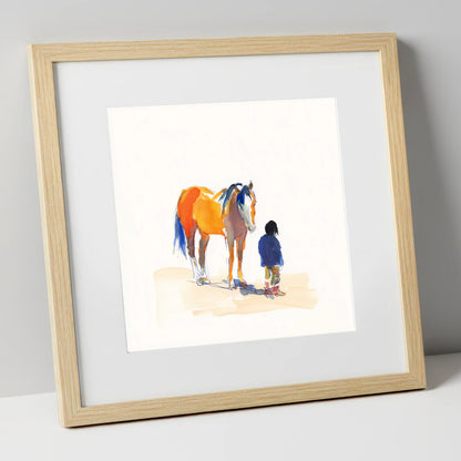 Vibrant Connection horse & rider art print in natural frame