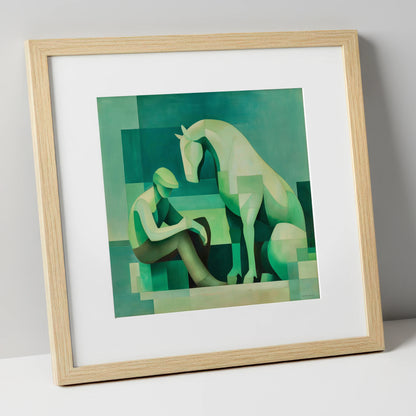 Silent Conversation horse & rider art print in natural frame