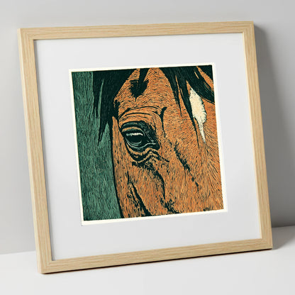 The Chestnut Gaze horse portrait art print in natural frame