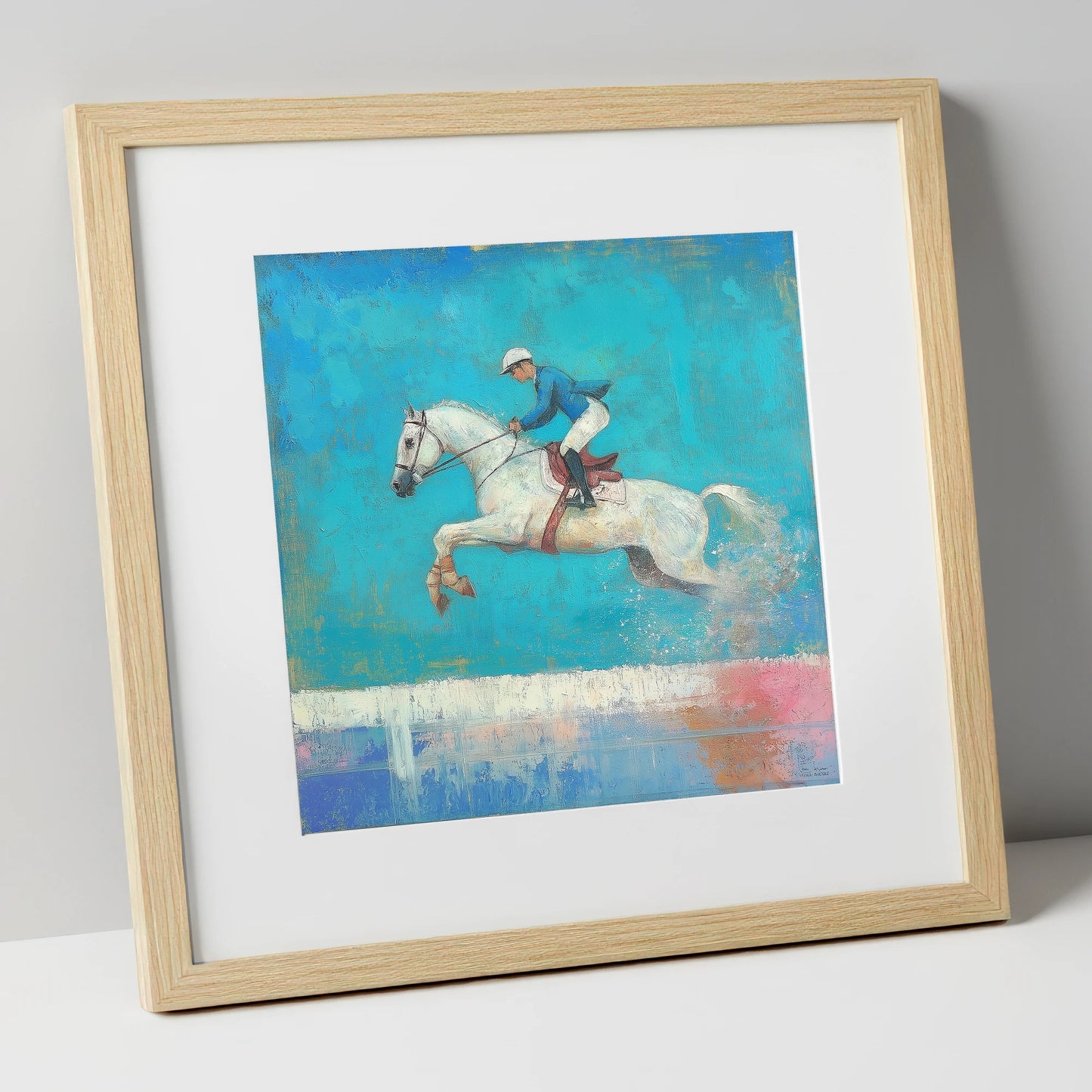 Flight in Turquoise show jumping horse art print in natural frame