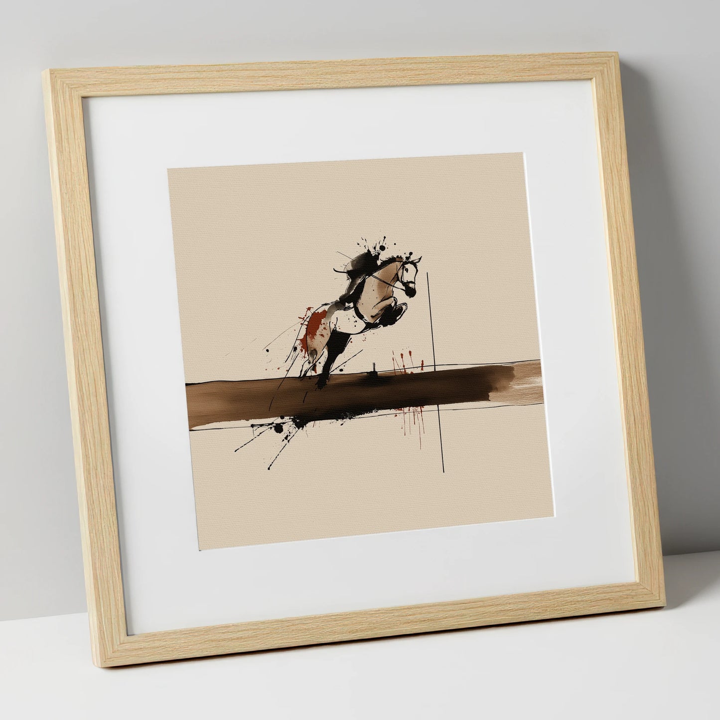 Moment of Suspension show jumping horse art print in natural frame