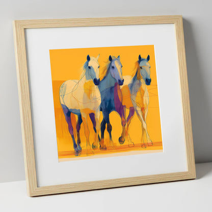 Vivid Strides in Gold horse landscape art print in natural frame