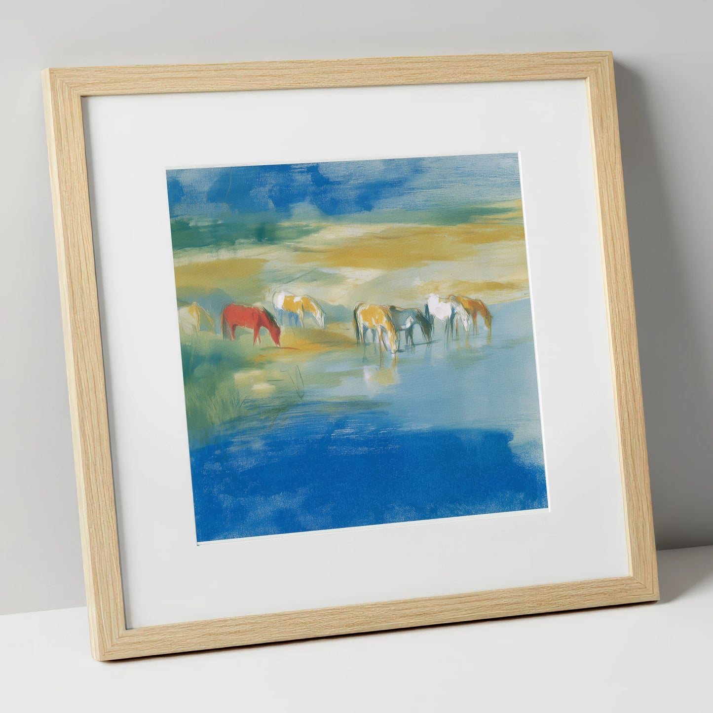 Vivid Watering Hole wild horses art print in natural frame