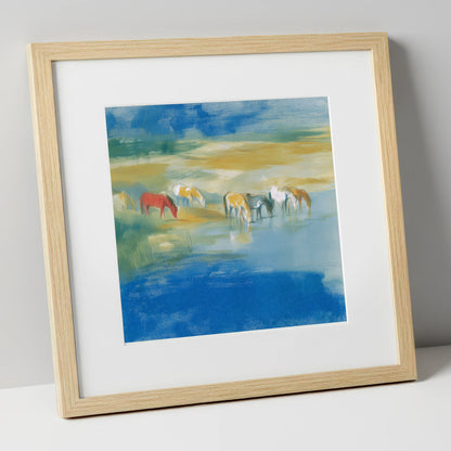 Vivid Watering Hole wild horses art print in natural frame