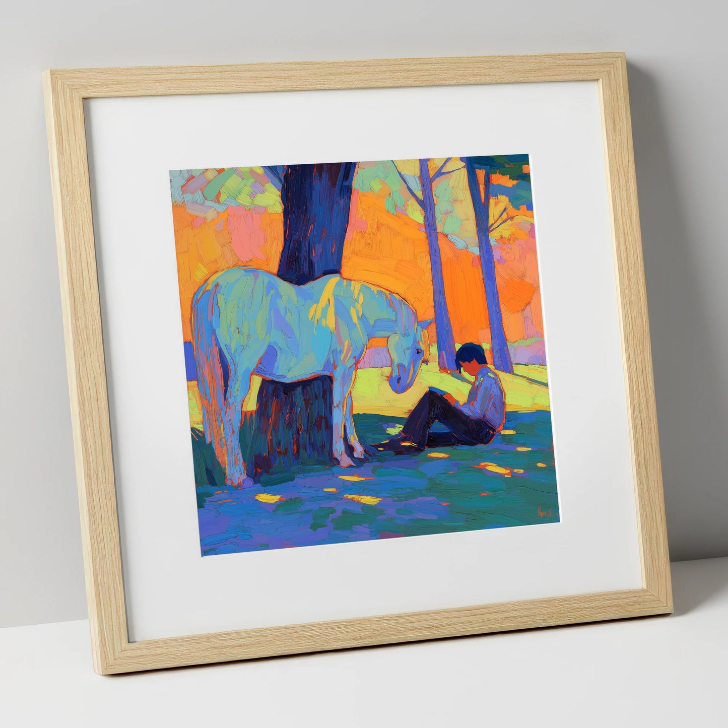 Shared Solitude horse & rider art print in natural frame