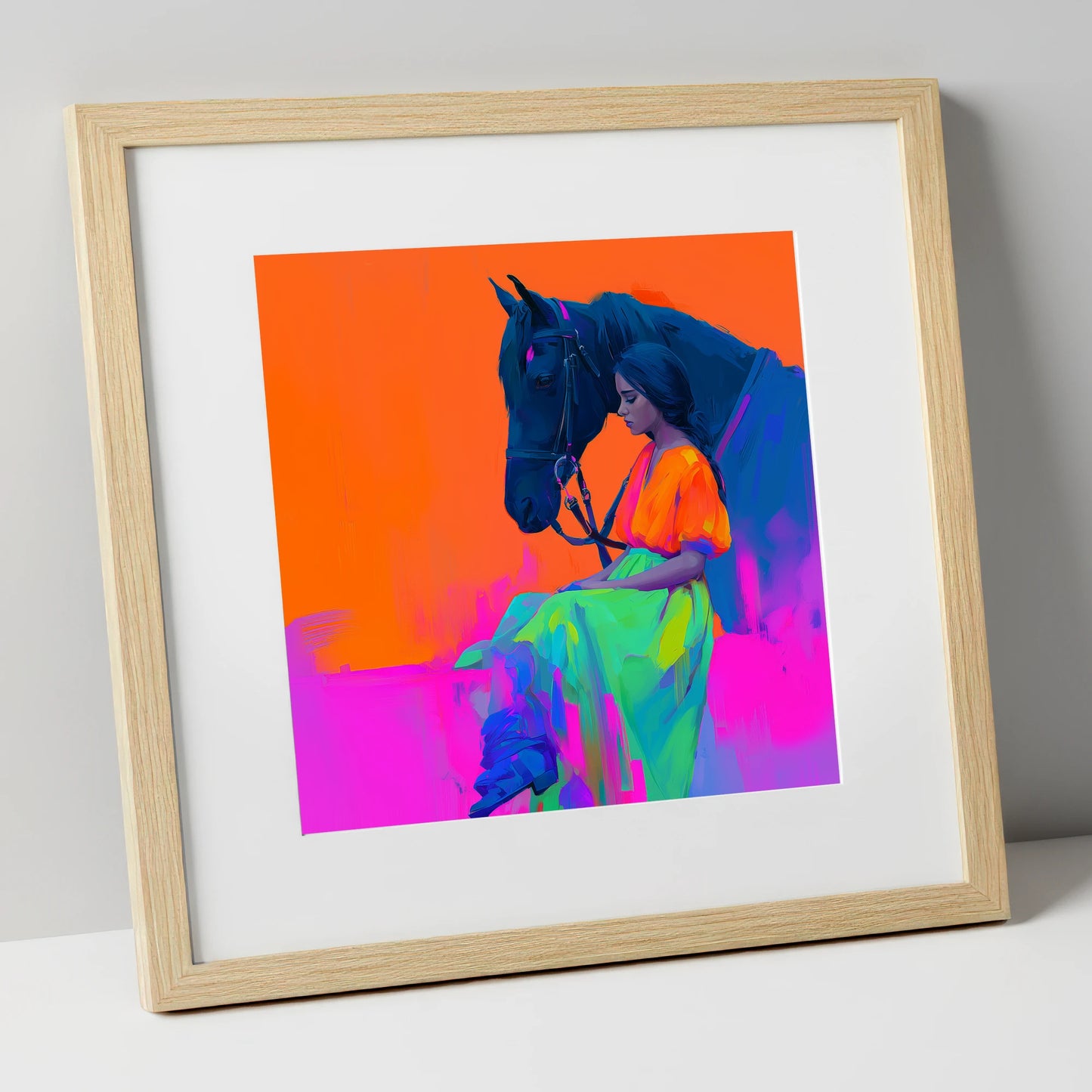 Vivid Connection horse & rider art print in natural frame