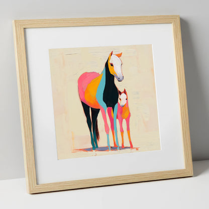 Vibrant Painted Bond mare & foal art print in natural frame