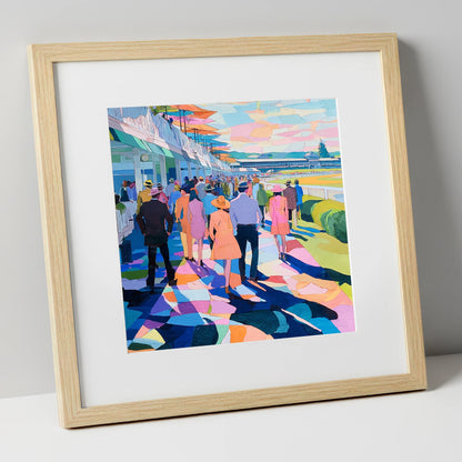 Vibrant Grandstand Parade racing horse art print in natural frame