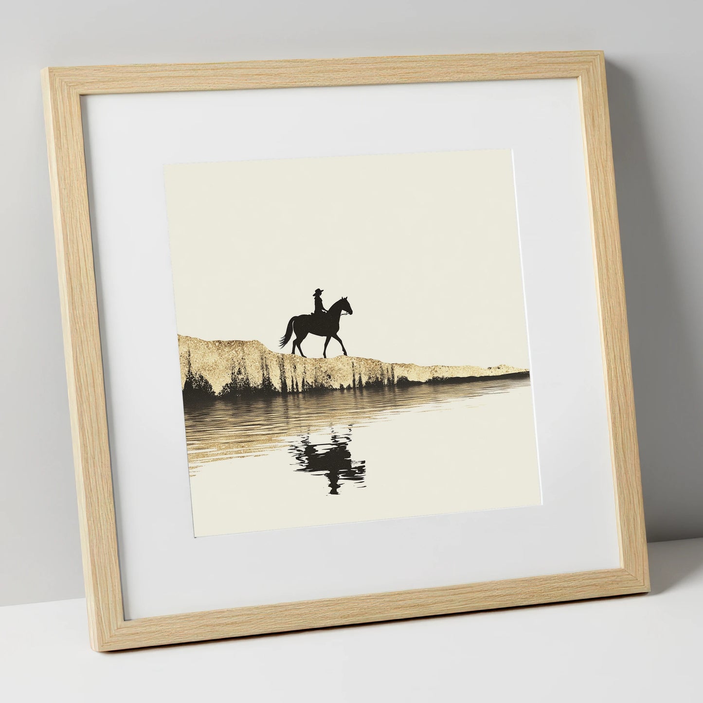 Golden Shores Silhouette beach horse art print in natural frame