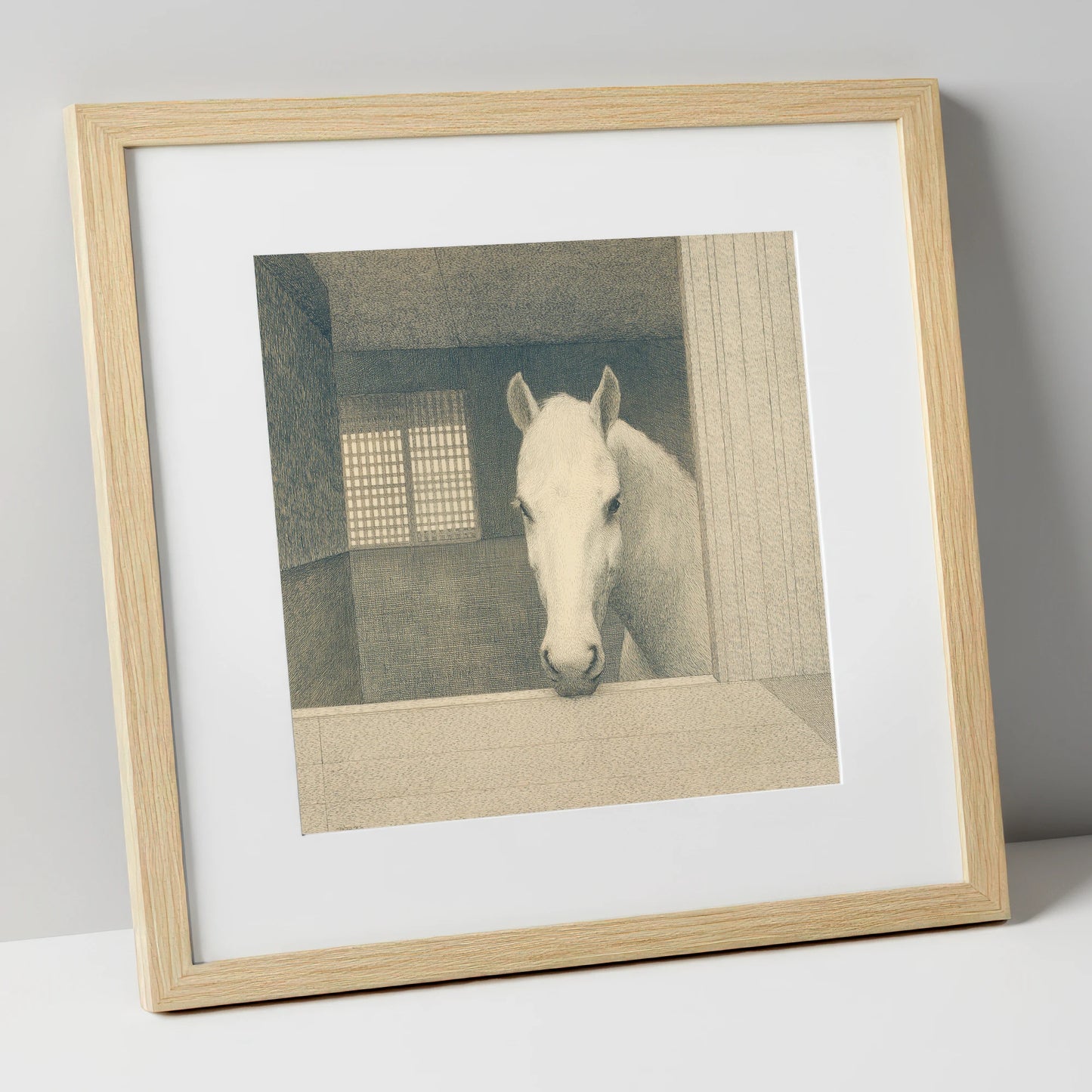 Quiet Contemplation horse stable art print in natural frame