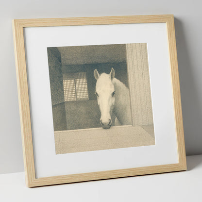 Quiet Contemplation horse stable art print in natural frame